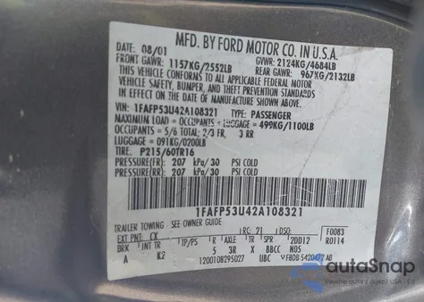 2002 Ford Taurus Se from USA, damaged, VIN 1FAFP53U42A108321